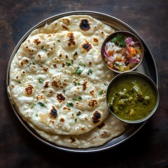 Naan Bread with Green Curry and Onion Salad, a Delicious Indian Meal.