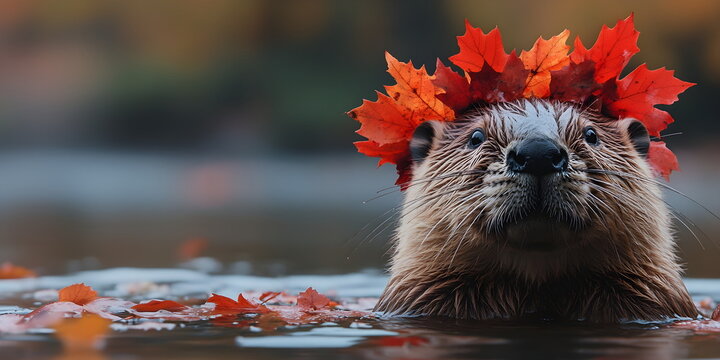 Close-up of beaver wearing red maple leaf wreath against forest lake background. Canada Day celebration. National holiday and patriotism concept. Banner, background.