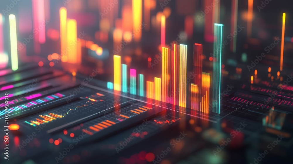 Poster a vibrant, abstract visualization of sound waves or data metrics in bright colors against a dark bac