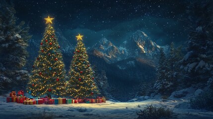Beautifully decorated Christmas trees adorned with lights and surrounded by colorful gifts, set against a serene snowy mountain backdrop under a starry sky.
