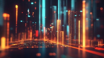 A futuristic digital landscape filled with glowing lines and shapes, creating an abstract representation of technology and data flow.