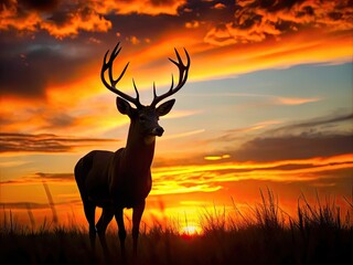 Majestic Whitetail Buck Silhouette Against a Vibrant Sunset Sky in a Serene Natural Landscape