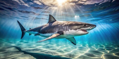 Fototapeta premium Majestic White Shark Gliding Through Crystal Clear Ocean Waters in Natural Habitat