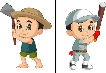 World Day Against Child Labor Concept With Child. Kids working on one side and on another side kids playing baseball