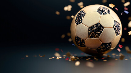 Naklejka premium Golden textured soccer ball with mosaic patterns surrounded by floating confetti in motion on a dark background