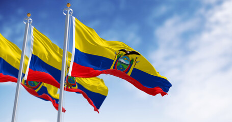 Ecuador national flags waving in the wind on a clear day