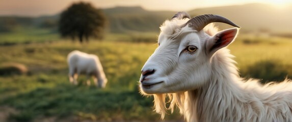 Obraz premium Angora Goat Capra aegagrus hircus animal high resolution illustration in ultrawide 21:9 aspect ratio