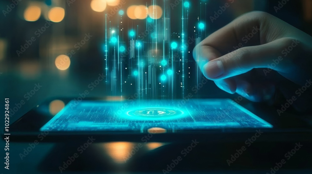 Poster a futuristic hand interacts with a glowing digital interface on a tablet, showcasing data streams an