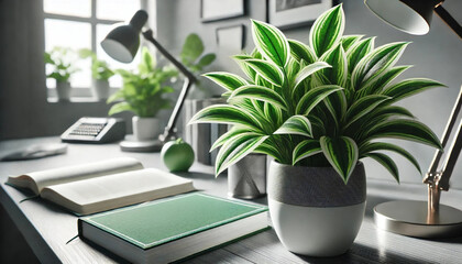 デスクの上の本と観葉植物