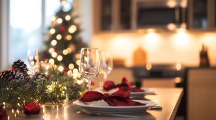 Elegantly set table awaiting the start of a meal with gleaming glassware and subtle lighting