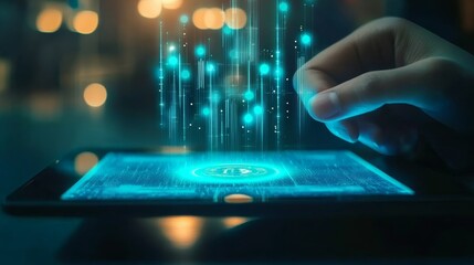 A futuristic hand interacts with a glowing digital interface on a tablet, showcasing data streams and a holographic display.