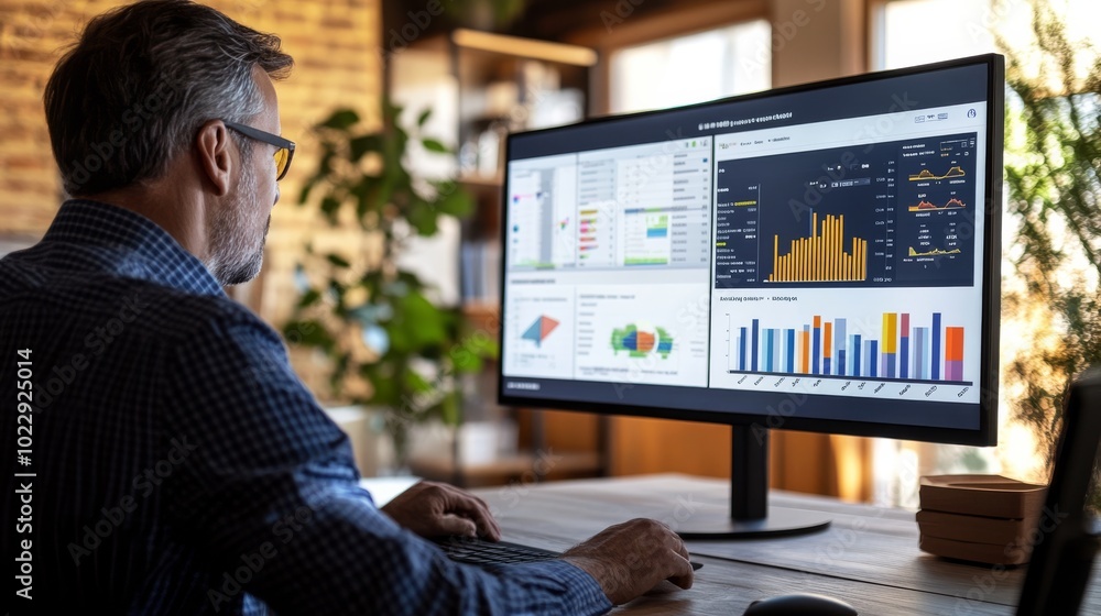 Aufkleber a person analyzes data on a large monitor, displaying various charts and graphs in a modern office w