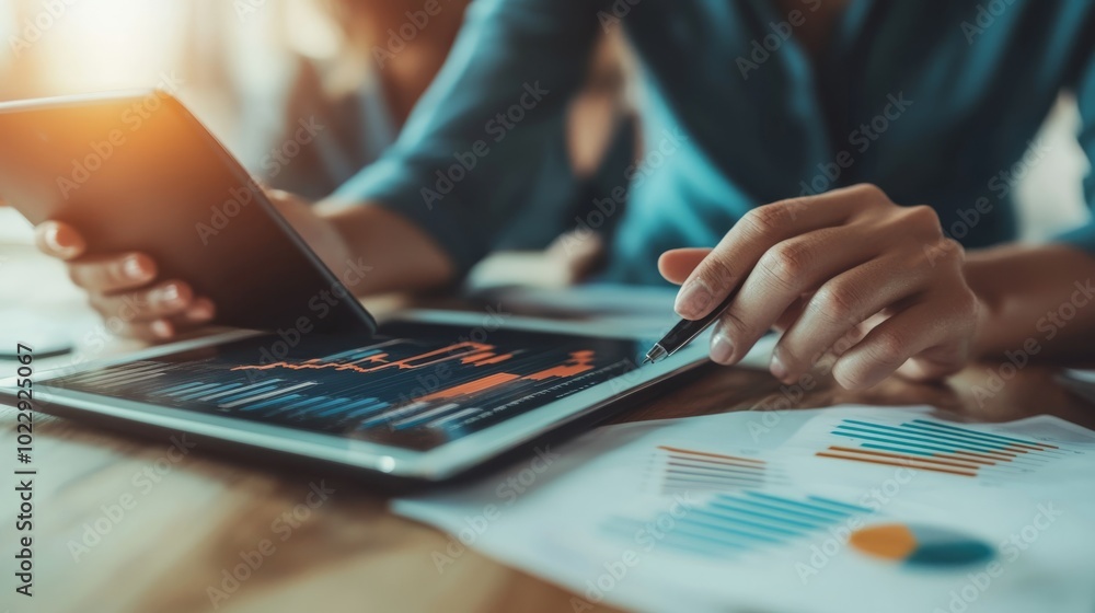 Poster a person analyzes data on a tablet and smartphone, reviewing graphs and charts on papers, showcasing