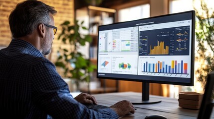 A person analyzes data on a large monitor, displaying various charts and graphs in a modern office with plants.