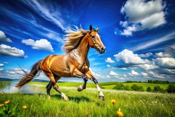 Obraz premium Majestic Wild Stallion Galloping Through Lush Green Meadows under a Clear Blue Sky in Nature