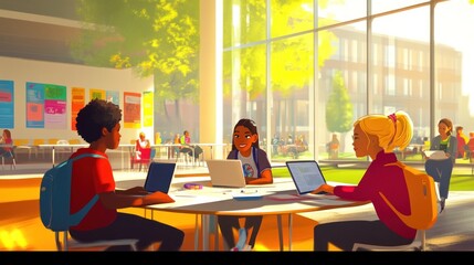 A vibrant study scene with three students working on laptops in a bright, modern environment.