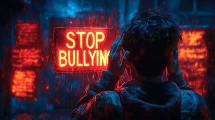 An image of hands covering a person’s ears as hurtful words float around them, and a large "STOP BULLYING" sign glowing in the center.