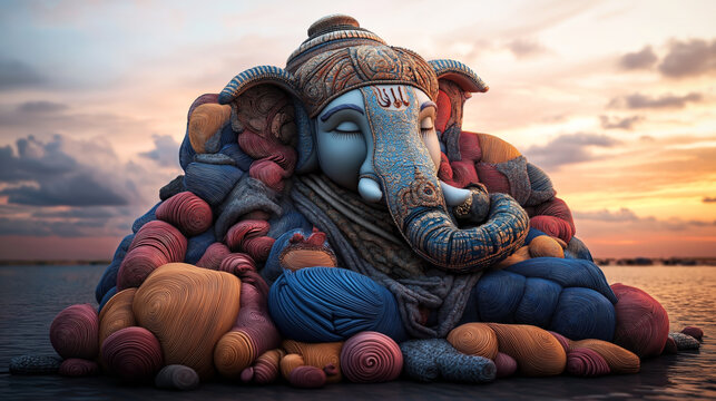 Intricately designed elephant statue made from colorful threads and yarns against a sunset sky backdrop over water