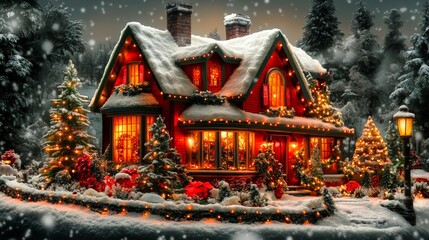 A charming cottage adorned with festive Christmas lights amidst a snowy landscape, evoking a warm and cozy holiday atmosphere.