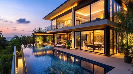 Stunning modern villa with large windows, an infinity pool, and tropical landscaping at sunset, showcasing luxury living in a serene environment.