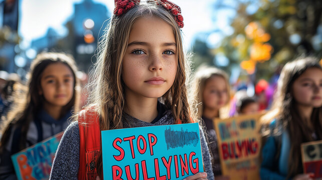 A group of students standing in solidarity against bullying, holding signs that say "STOP BULLYING" in bright, bold letters.