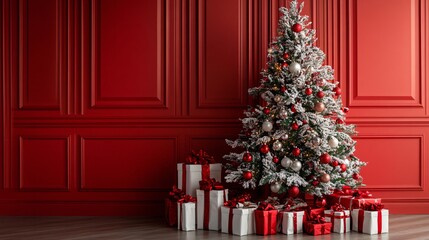 A beautifully decorated Christmas tree stands against a vibrant red wall, surrounded by neatly wrapped presents, creating a festive holiday atmosphere.