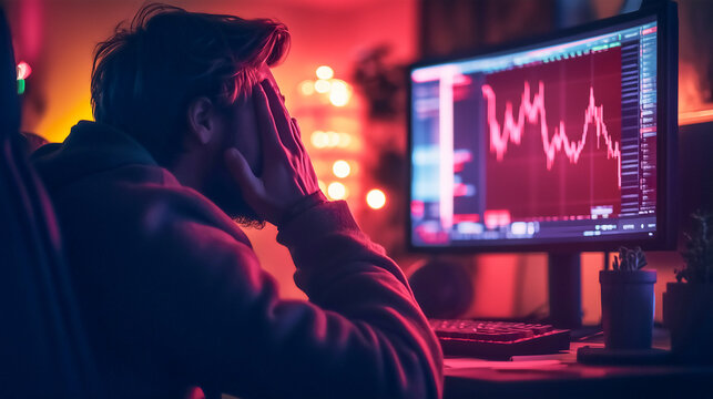 Young stressed and sad trader or investor lose money in stock market or crypto market .