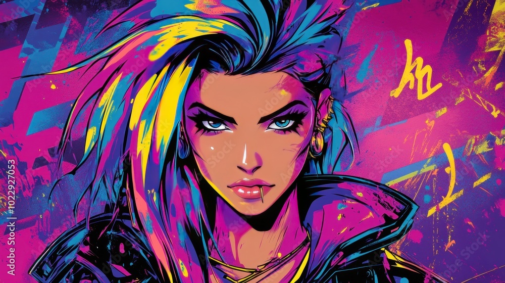 Sticker A vibrant, stylized portrait of a confident woman with colorful hair and bold expression.