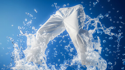 White trousers being washed with water splash effect .
