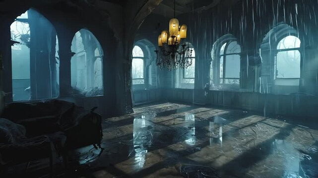 Dimly lit ancient castle hall with large arched windows and a mysterious atmosphere