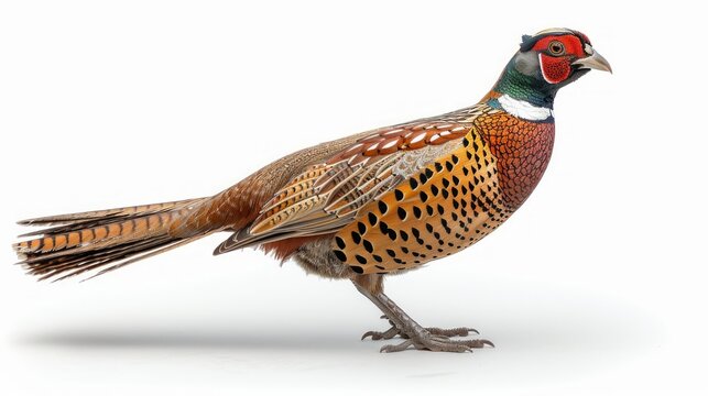 A colorful male pheasant with a long tail standing on a white background, facing the right side of the frame.