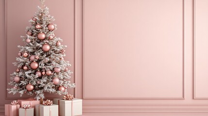 Elegant Christmas tree decorated with pink ornaments beside wrapped gifts, set against a soft pink wall. Perfect for holiday-themed decor.