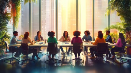 Obraz premium A diverse group engaged in a collaborative meeting in a bright, plant-filled office space.