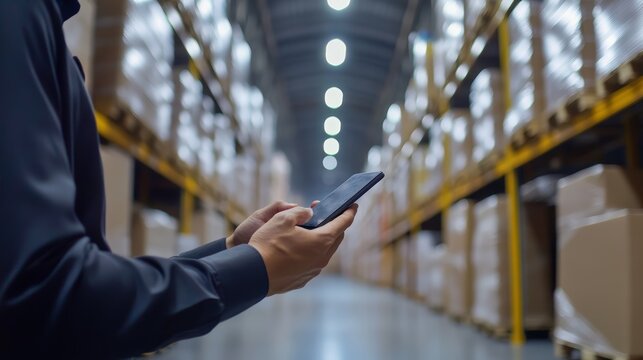 Warehouse efficiency in action, worker leverages tablet technology for seamless logistics management