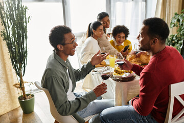 A group of friends shares a festive Thanksgiving meal, filled with laughter and warm memories.