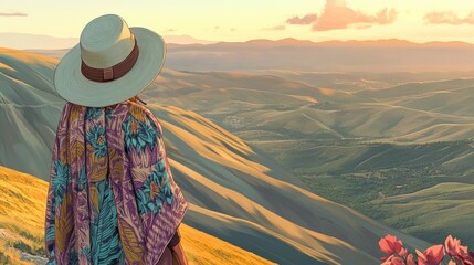 A person in a colorful shawl gazes at a scenic mountain landscape during sunset.