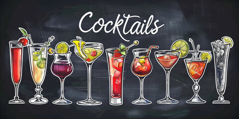 Chalkboard colorful and lively drawing of various alcoholic drinks and the word "Cocktails" written on it.