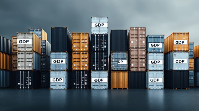 A stack of colored shipping containers on a wet dock with the letters GDP and ODP displayed on some of the containers.