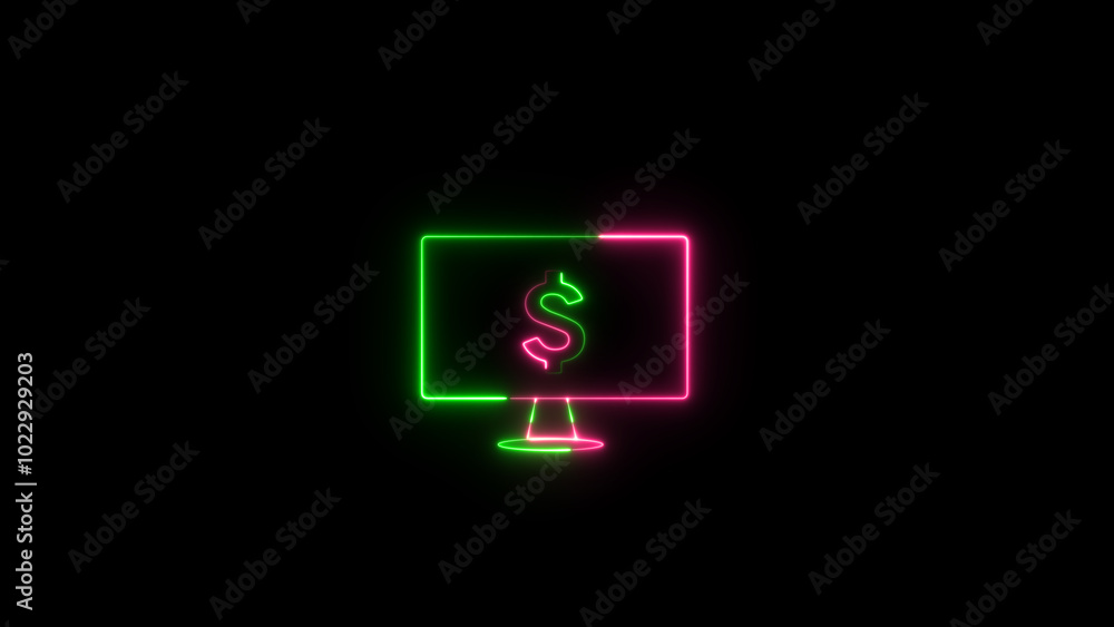 Poster neon monitor with dollar icon. computer monitor with dollar icon with neon effect. simple icon for w
