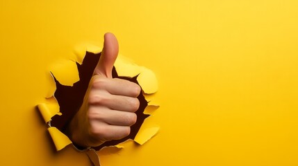 Thumbs Up Through Yellow Paper: A hand bursts through a vibrant yellow background, giving a thumbs-up gesture.  Positive, energetic, and attention-grabbing.