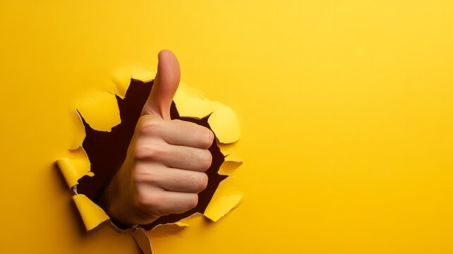 Thumbs Up Through Yellow Paper: A hand bursts through a vibrant yellow background, giving a thumbs-up gesture.  Positive, energetic, and attention-grabbing.