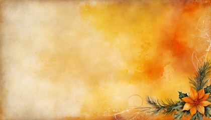 Fototapeta premium Elegant Christmas Background with Distressed Yellow and Orange Textures, Vintage Grunge, and Watercolor Paint Stains.