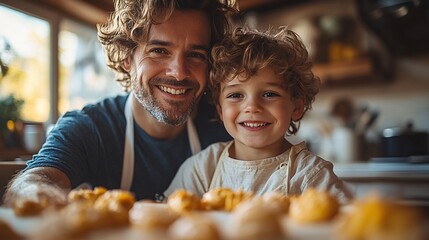 A joyful moment in the kitchen as a father and son bake together, showcasing their bond and love for cooking.