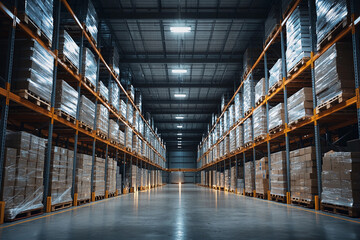 Fototapeta premium Spacious warehouse interior filled with stacked pallets and goods