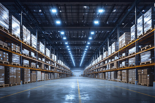 Spacious warehouse interior with organized shelves during daytime
