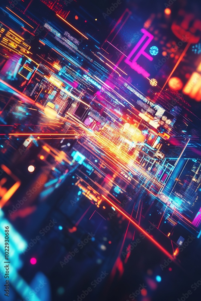 Poster bright neon circuit lines with dynamic light effects.