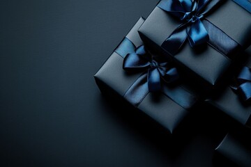 Elegant black gift boxes with blue ribbons on dark background
