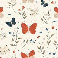Floral Butterfly Pattern with Red, Blue, and Beige