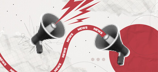 Trendy Halftone Collage Megaphones with news. Social media propaganda and information. Loudspeaker with attention message. Public event. Paper elements. Contemporary art vector illustration