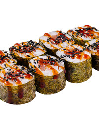 Delicious uramaki sushi rolls with sauce and sesame seeds on white background